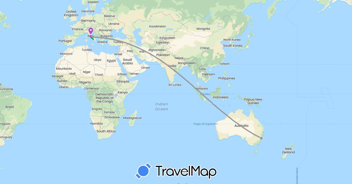 TravelMap itinerary: driving, bus, plane, train in Australia, Italy (Europe, Oceania)